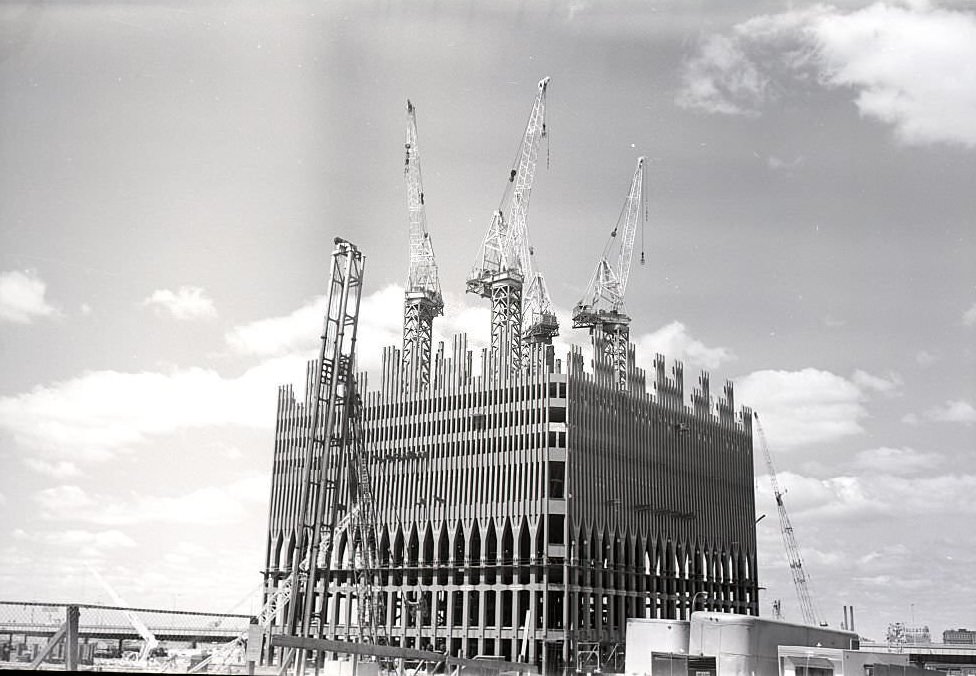 The north tower of the World Trade Center under construction in the early 1970s.
