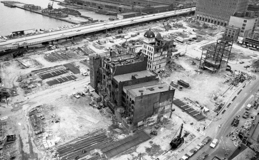 The World Trade Center construction site looking northwest from corner of Greenwich and Liberty streets toward Vesey and West Streets