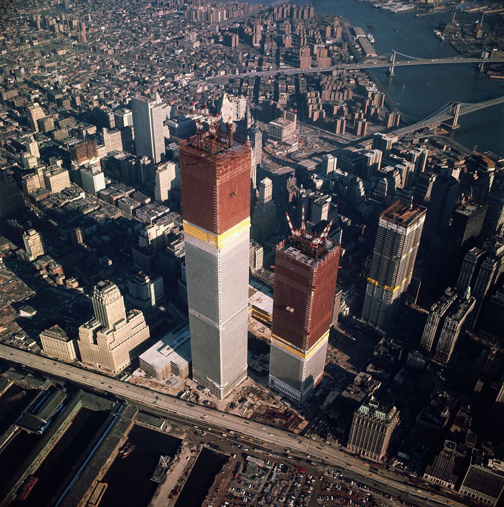This is an Aerial view of the World Trade Center under construction in downtown Manhattan.