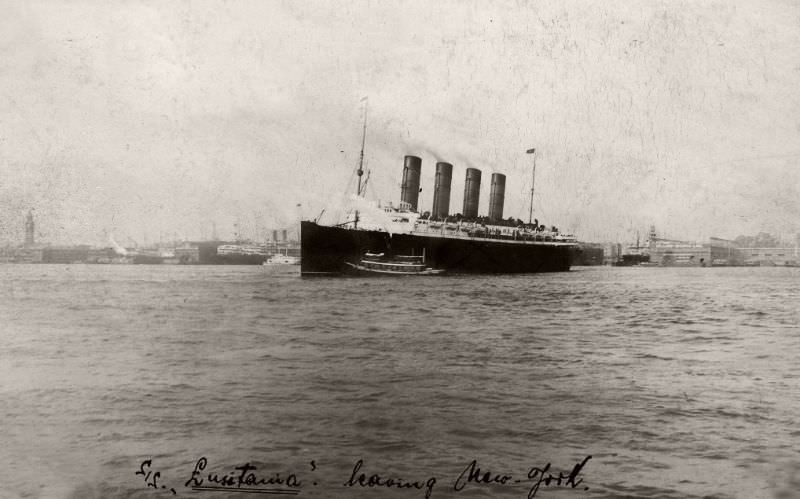 The Lusitania leaving New York, 1910