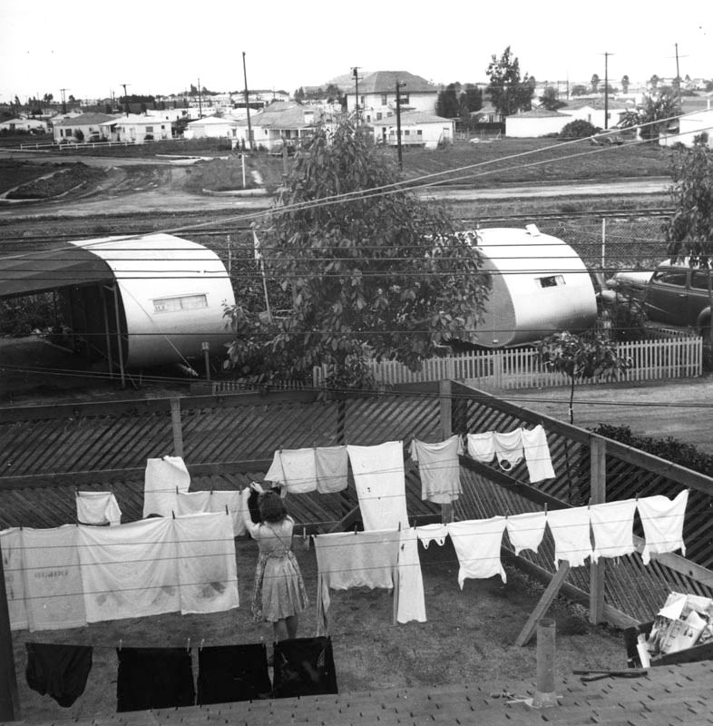 Hanging laundry at Olympic Trailer Court on the border of Santa Monica and West Los Angeles.
