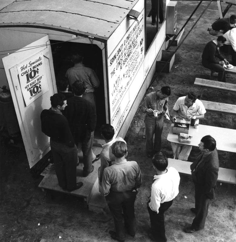 Lockheed workers in Burbank lined up to buy lunch.