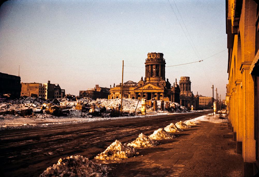 Ten years after the end of the war, large swathes of Berlin still lay in ruins.