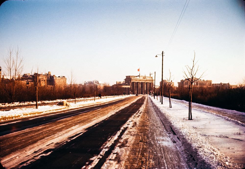 One of Berlin's many wide boulevards, with wartime ruins still clearly visible.