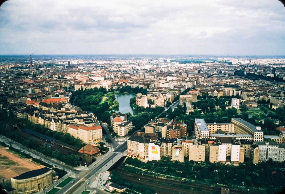 A view of Berlin in the spring of 1957 (presumably from the top of the Berliner Funkturm), looking east along Neue Kantraße.