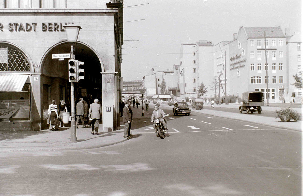 The view looking north along Friedrichstrasse at the junction with Unter den Linden.