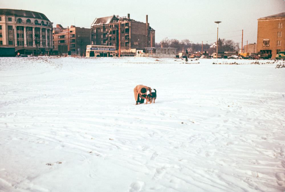 Walking the dog in one of post-war Berlin's many areas of waste ground.