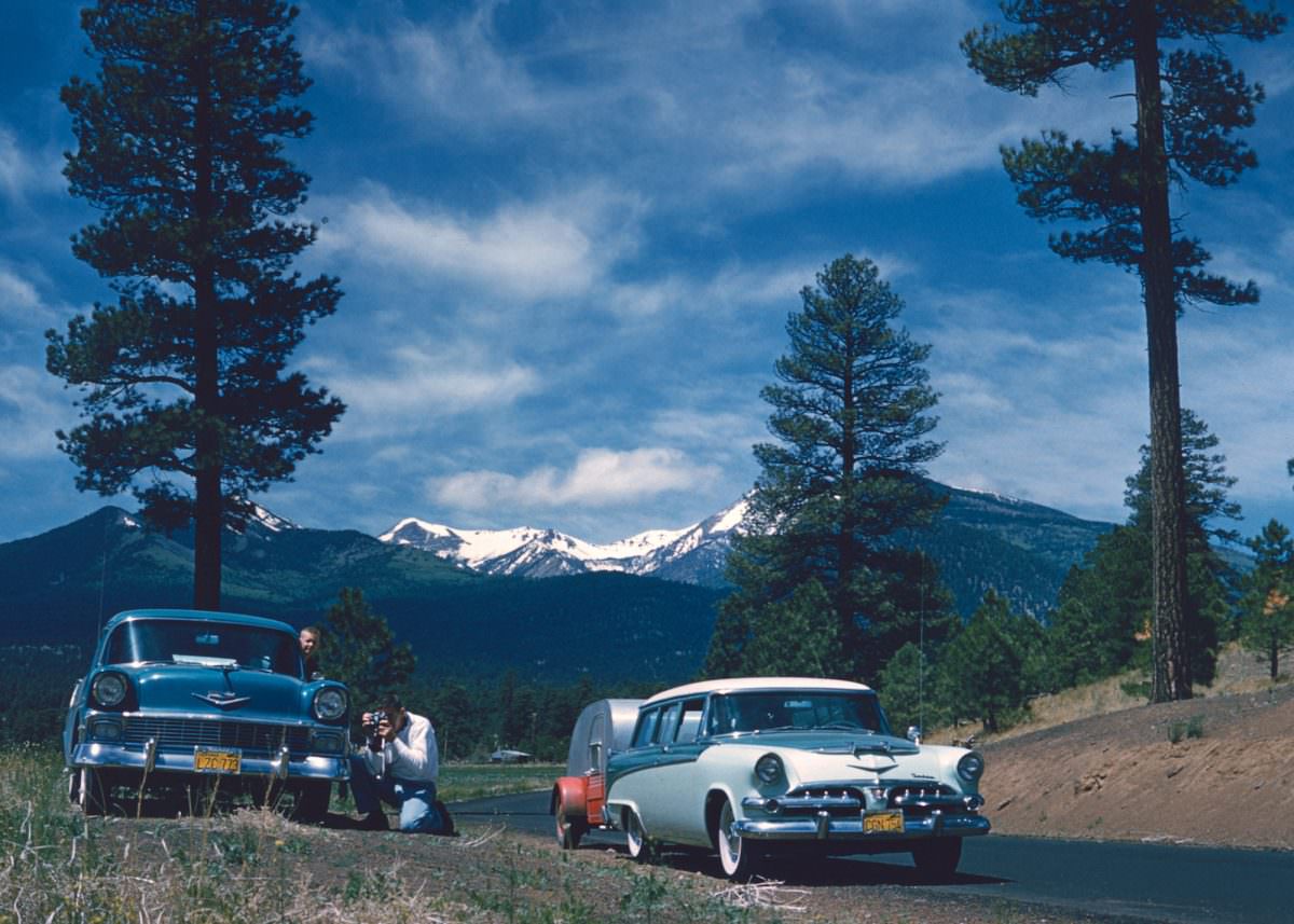 Stopping to take photos in California’s High Sierra mountains, 1957