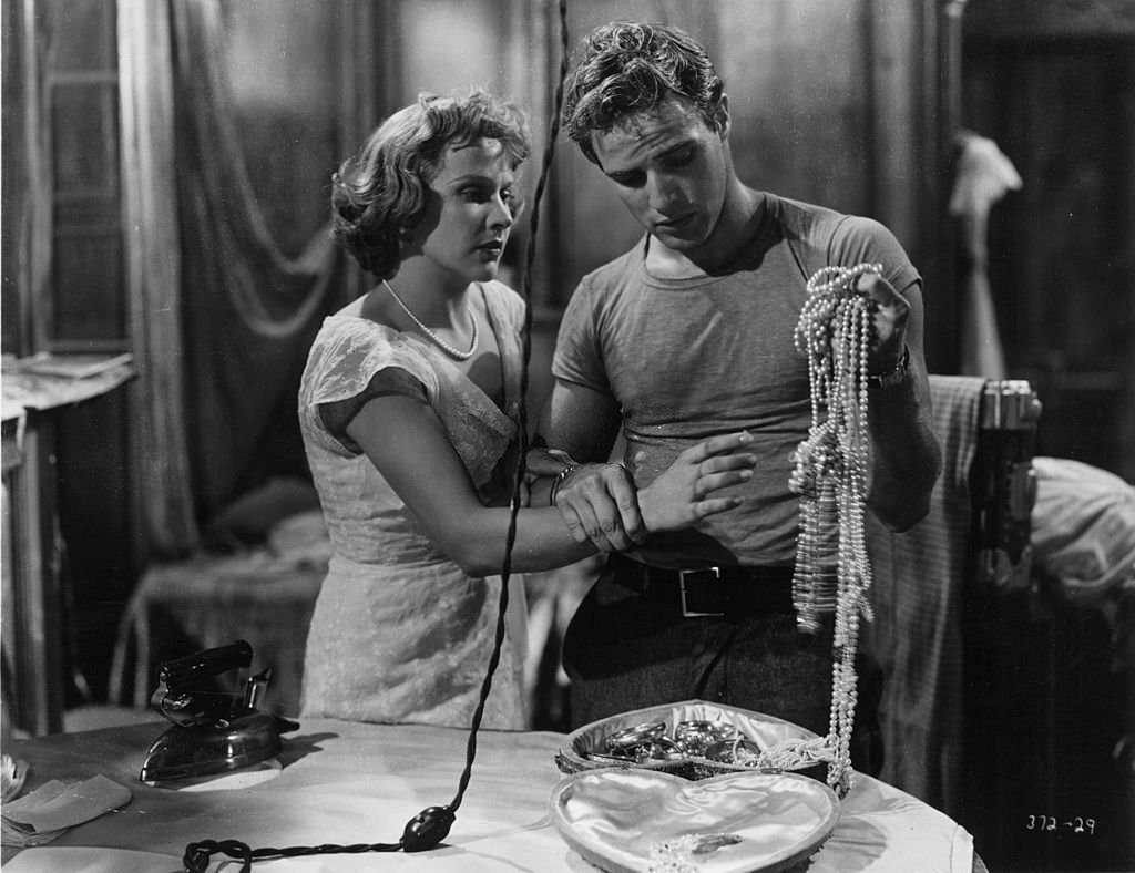 Marlon Brando and Kim Hunter in a dramatic scene from 'A Street Car Named Desire'