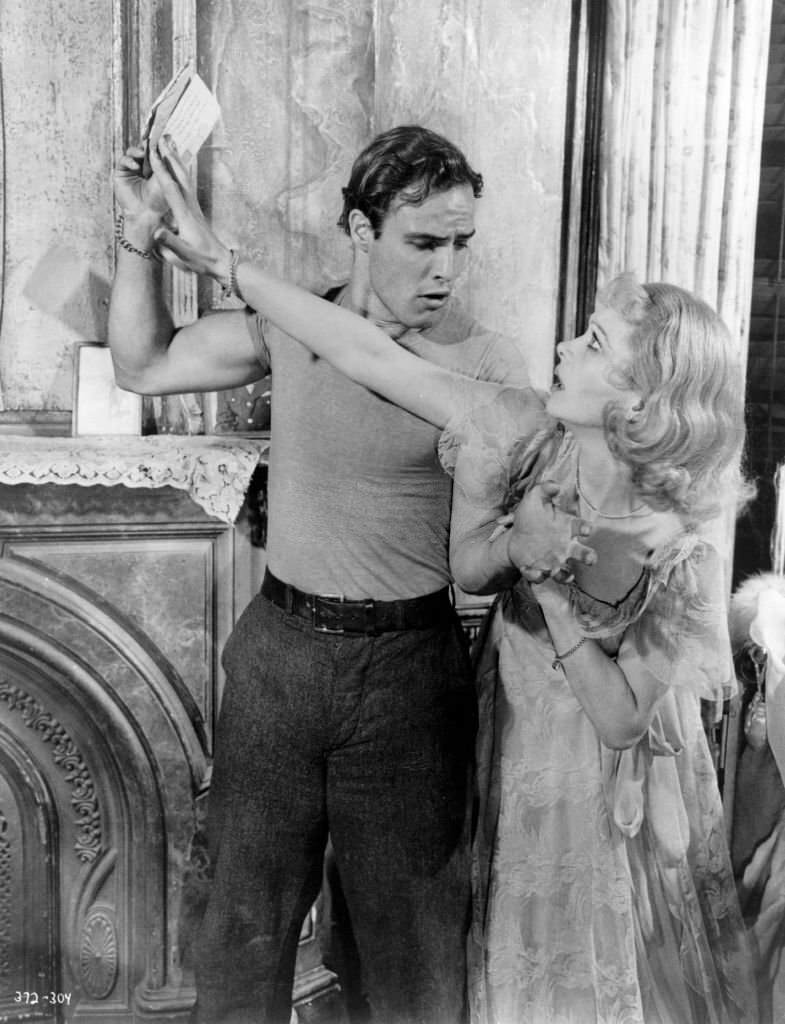 Marlon Brando and Vivien Leigh in a violent and emotional scene in 'A Streetcar Named Desire'.