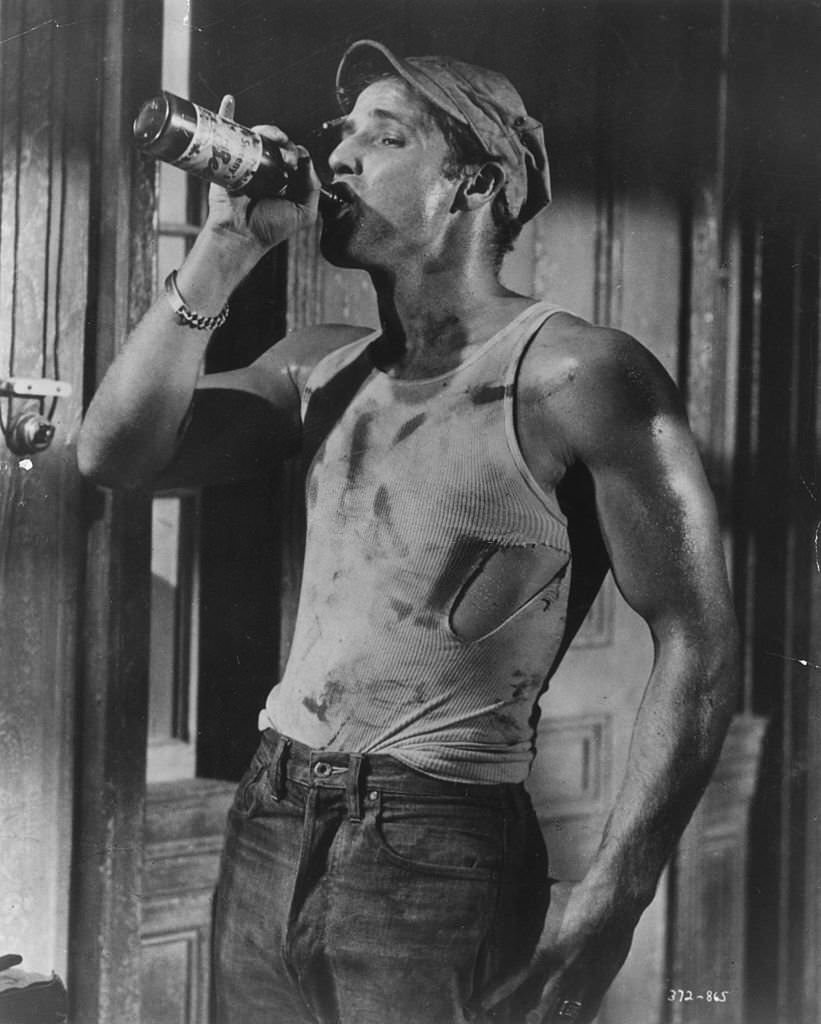 American actor Marlon Brando plays Stanley Kowalski in Tennessee Williams' 'A Streetcar Named Desire'.