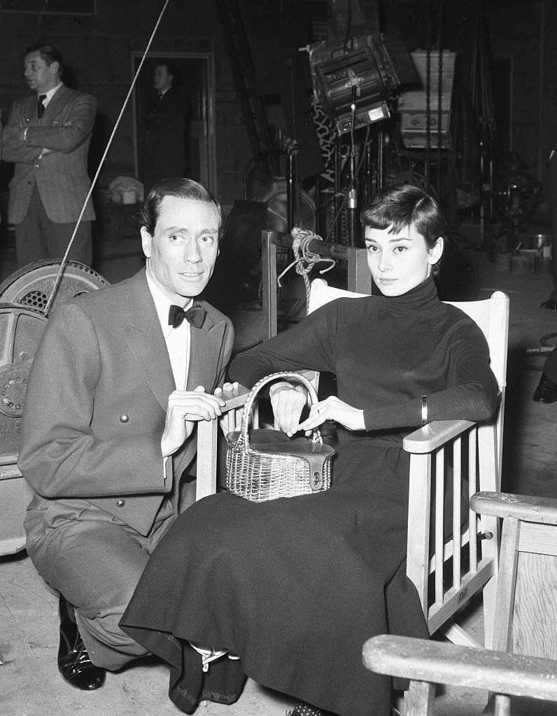 Audrey Hepburn with her husband Mel Ferrer at Pinewood Studios, 1955