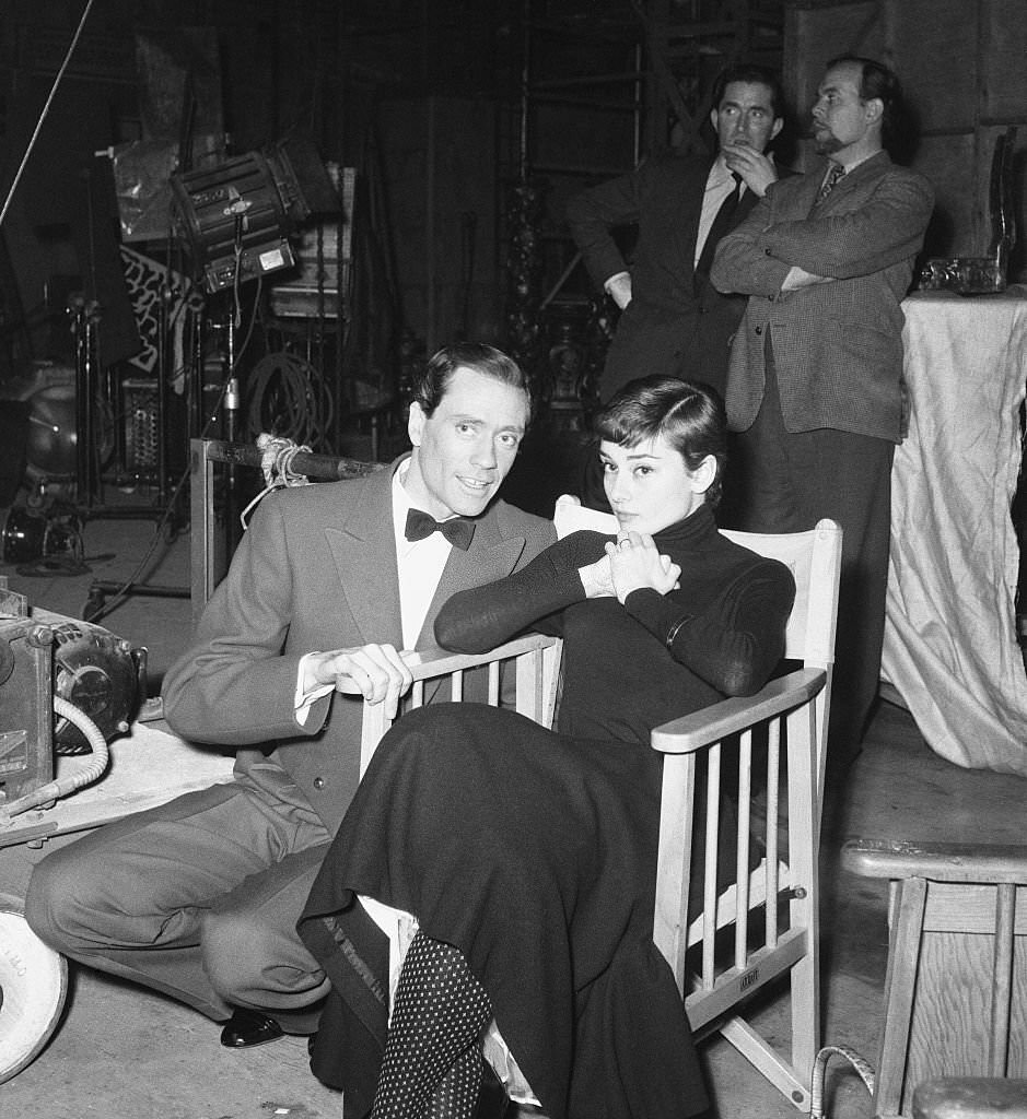 Audrey Hepburn with her husband Mel Ferrer at Pinewood Studios, 1955