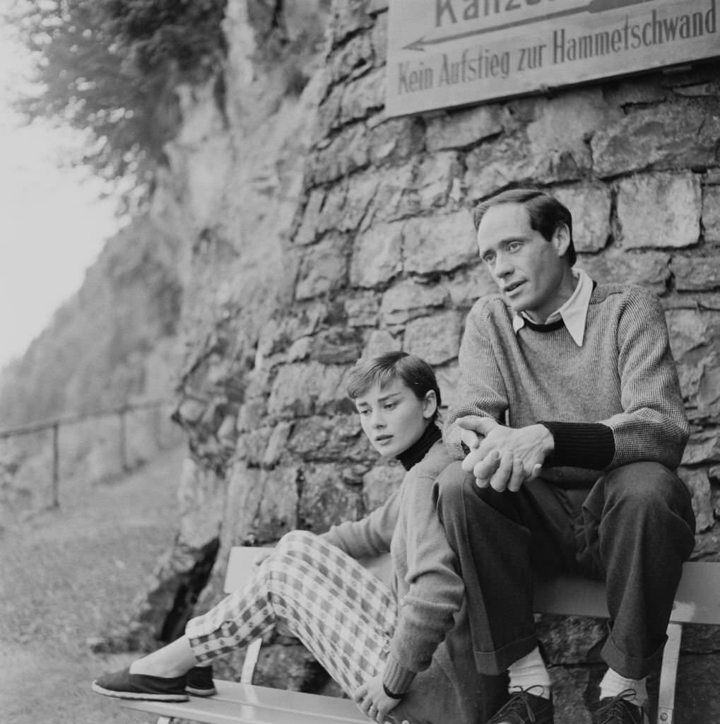 Audrey Hepburn with Mel Ferrer at the top of the Hammetschwand Lift at the summit of the Bürgenstock, Switzerland, 1955.