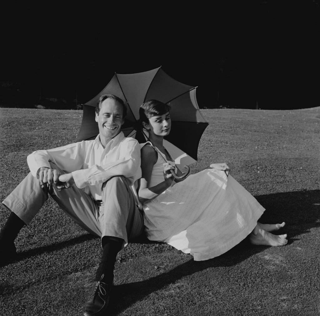 Audrey Hepburn and Mel Ferrer on a golf course at the Bürgenstock resort, Switzerland, 1954.