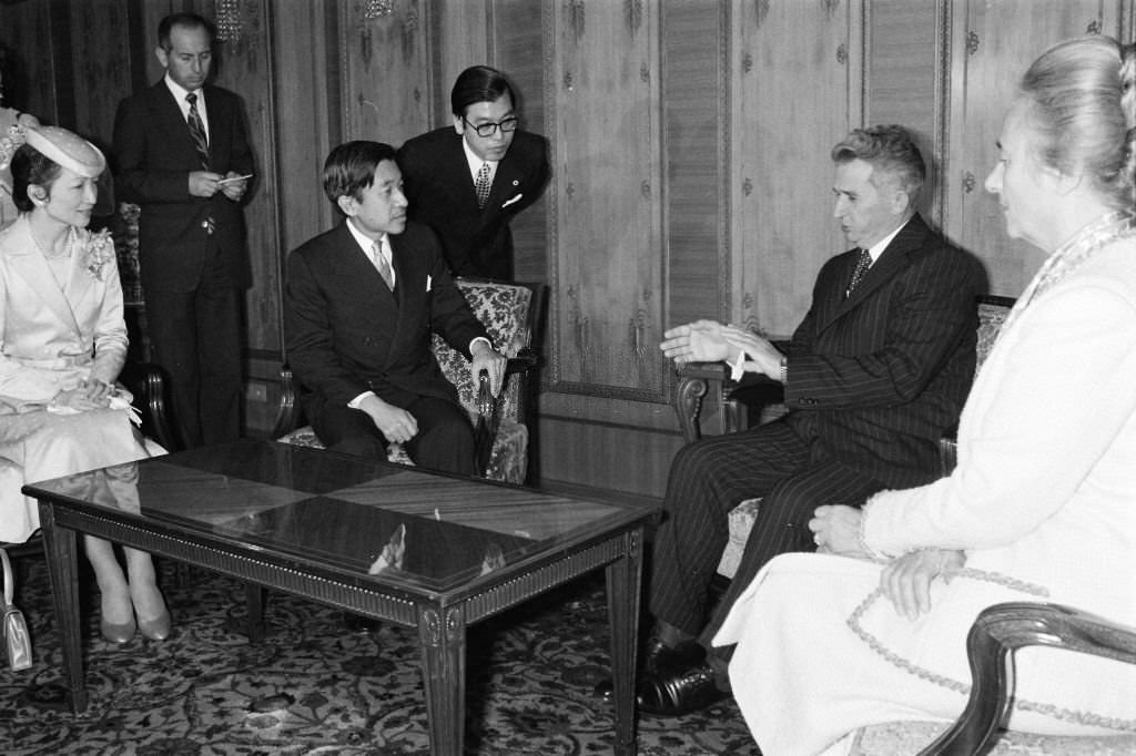 Crown Prince Akihito and Crown Princess Michiko talk with Romania President Nicolae Ceausescu and his wife Elena during their meeting on October 8, 1979 in Bucharest, Romania.