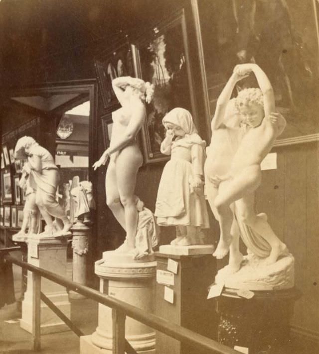 Italian art exhibit in Art Annex, Memorial Hall, Centennial International Exhibition, Philadelphia, Pennsylvania, 1876