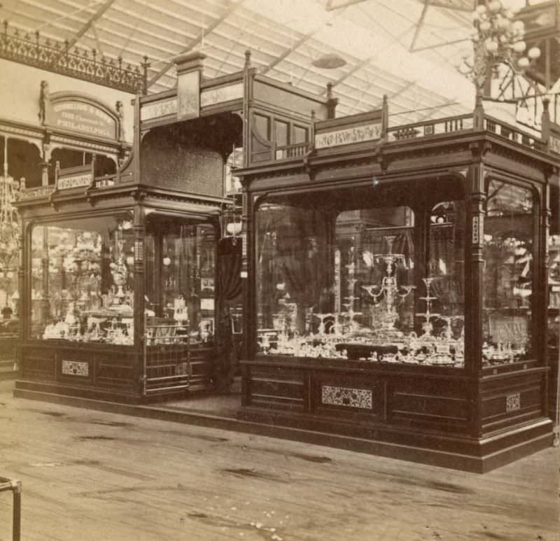 Reed & Barton silver exhibit inside Main Exhibition Hall, Centennial International Exhibition, Philadelphia, Pennsylvania, 1876