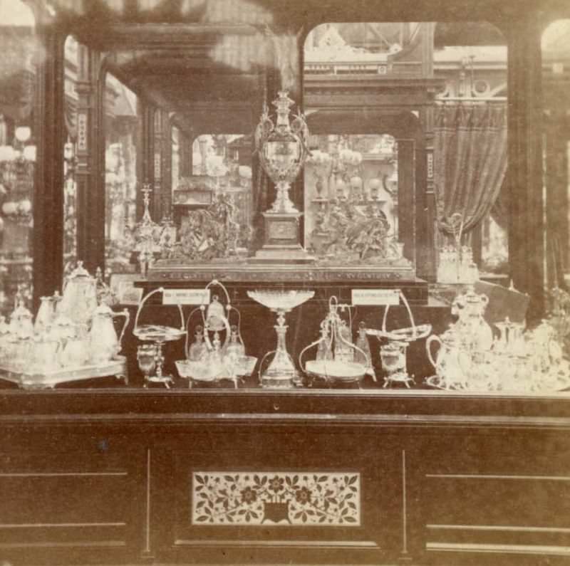 Reed & Barton silver exhibit inside Main Exhibition Hall, Centennial International Exhibition, Philadelphia, Pennsylvania, 1876