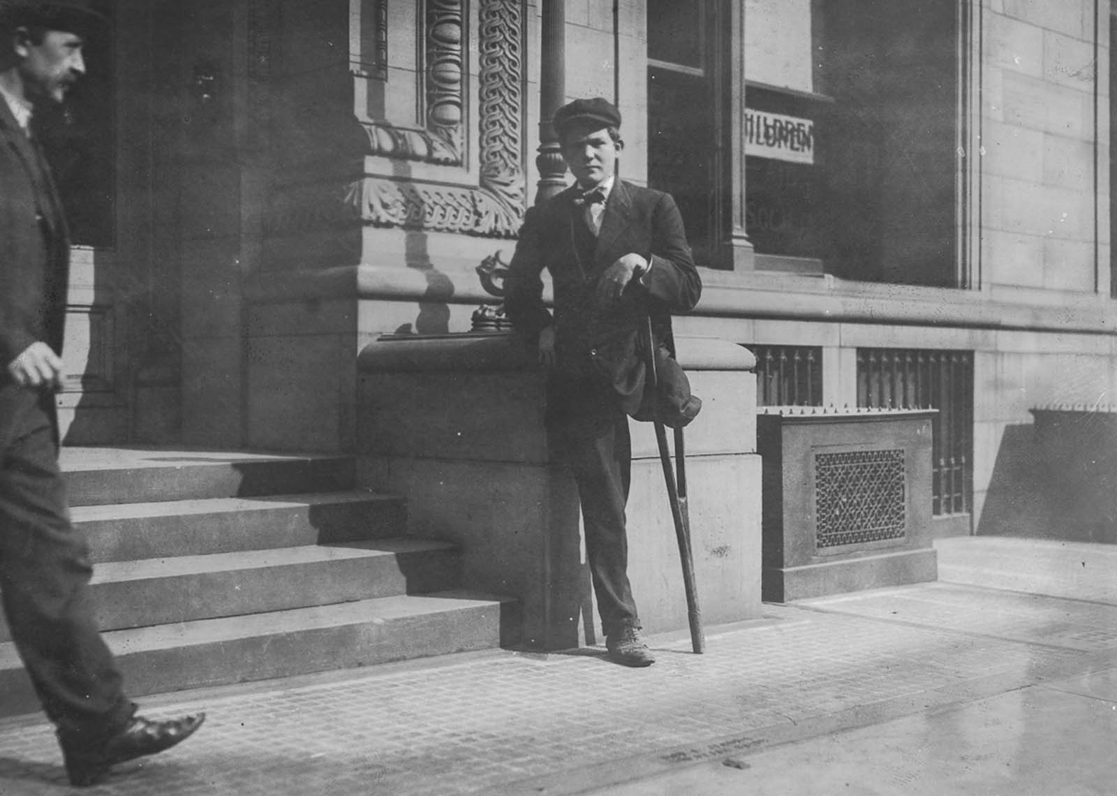 Neil Gallagher, who lost his leg in an accident in a Pennsylvania mine at the age of 13, 1909