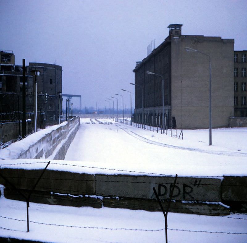 East German guard tower looking over The Wall from the West - The Death Strip, West Berlin, February 1970