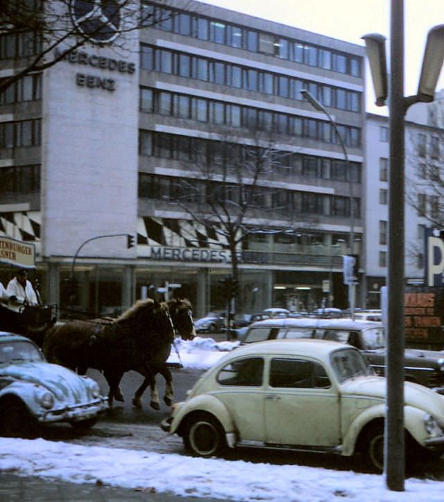 Horses pulling a beer wagon, West Berlin, February 1970