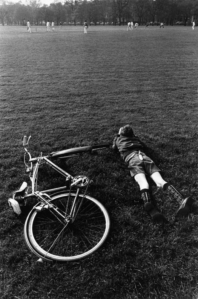 Child with Biccyle watching cricket, Edinburgh, 1965