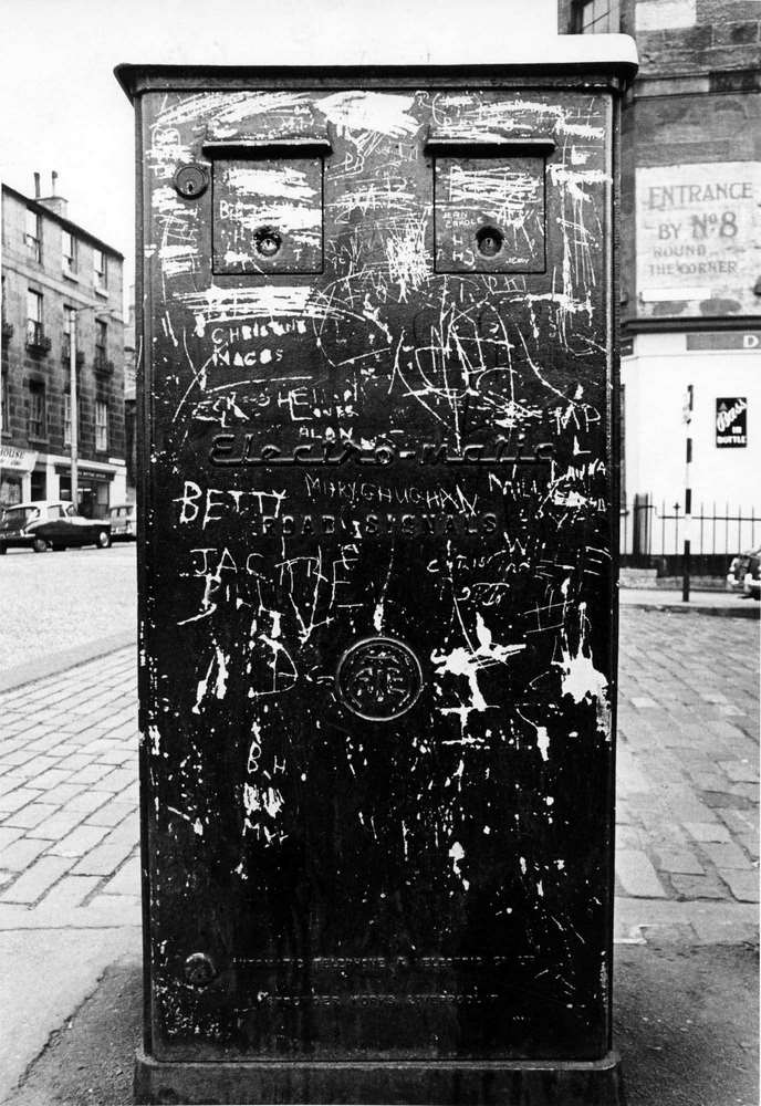 Traffic light control box at stockbridge, Edinburgh, 1965
