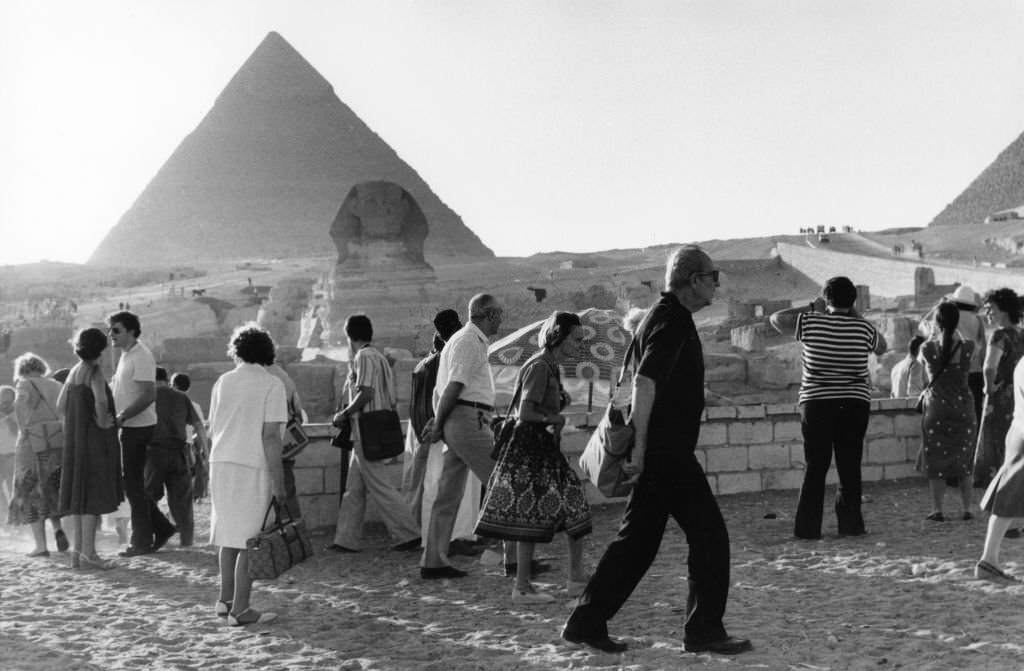 Tourists at the site of the Luxor pyramids, Egypt, 1981