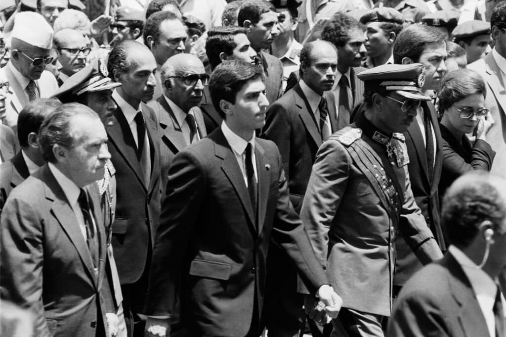 Egyptian President Anwar el-Sadat at the funeral of the Shah of Iran in Cairo, Egypt, 1980