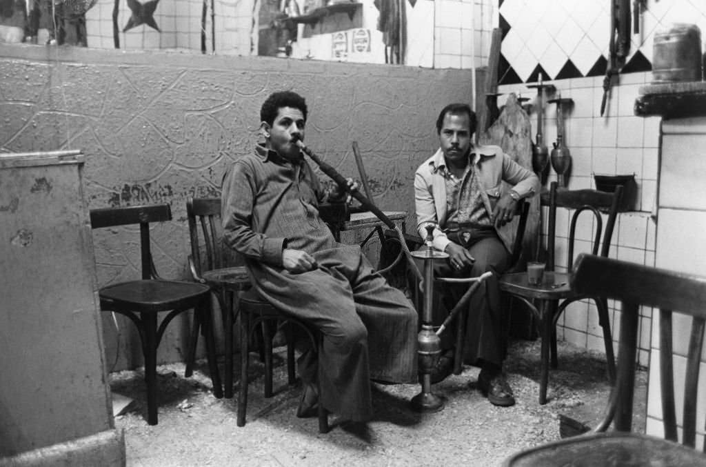 Shisha smokers in a teahouse in Cairo, 1980