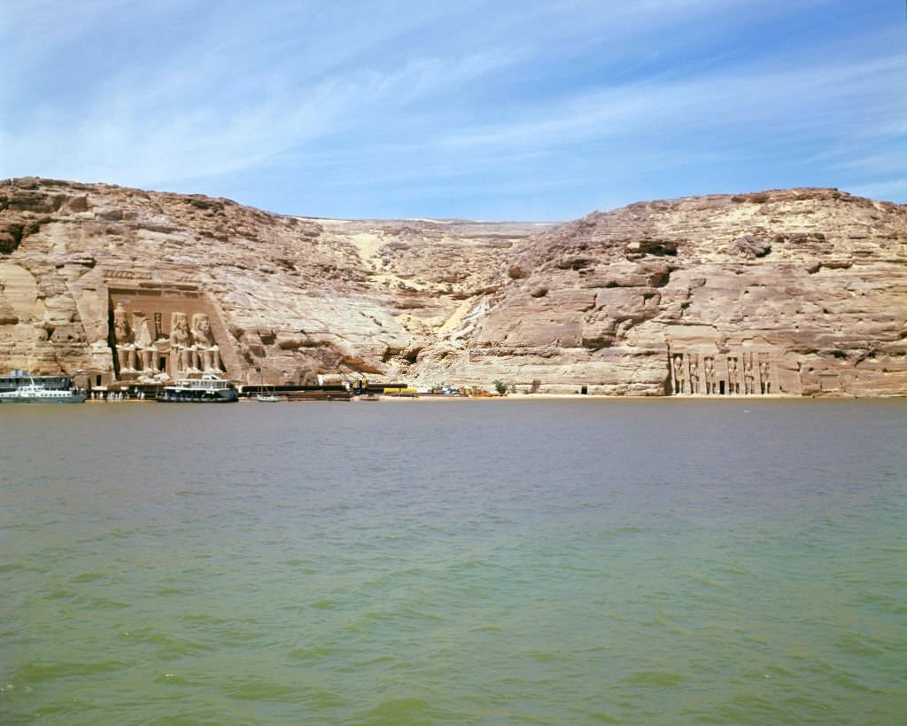 View on the Temples of Abu Simbel, Egypt, at their original location, seen from Nile river.