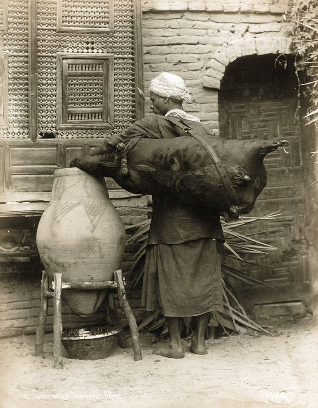 A Cairo man filtering water, 1880