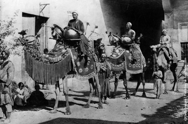 Hired musicians, riding camels “decked in gaudy trappings”, lead the bridal party to the house of the bridegroom, Cairo, 1890