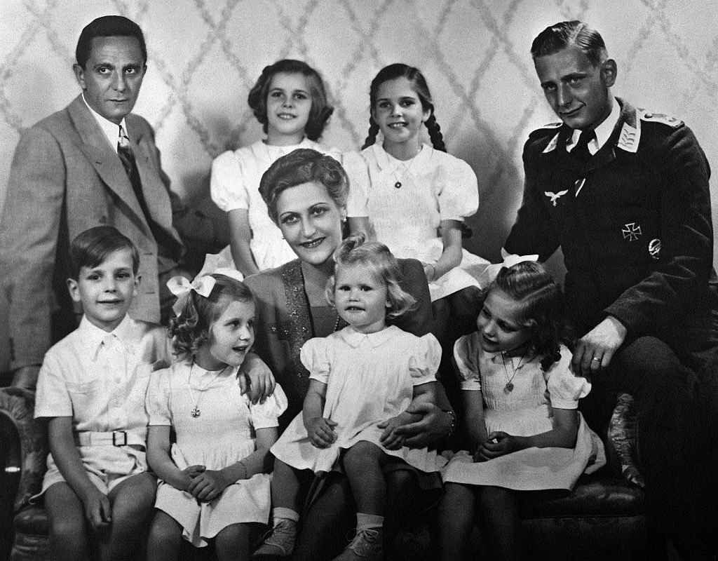 Joseph Goebbels with his wife Magda and their children, from left: Helga, Hilde, stepson Harald Quandt (back row), Hellmut, Holde, Hedda and Heide.