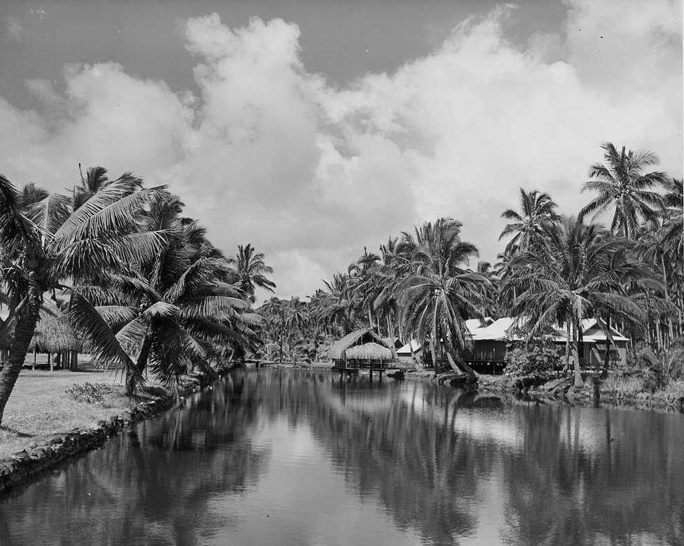 A scenic view of a tributary of the River Wailua on Kauai, the oldest of the main Hawaiian Islands, 1950s