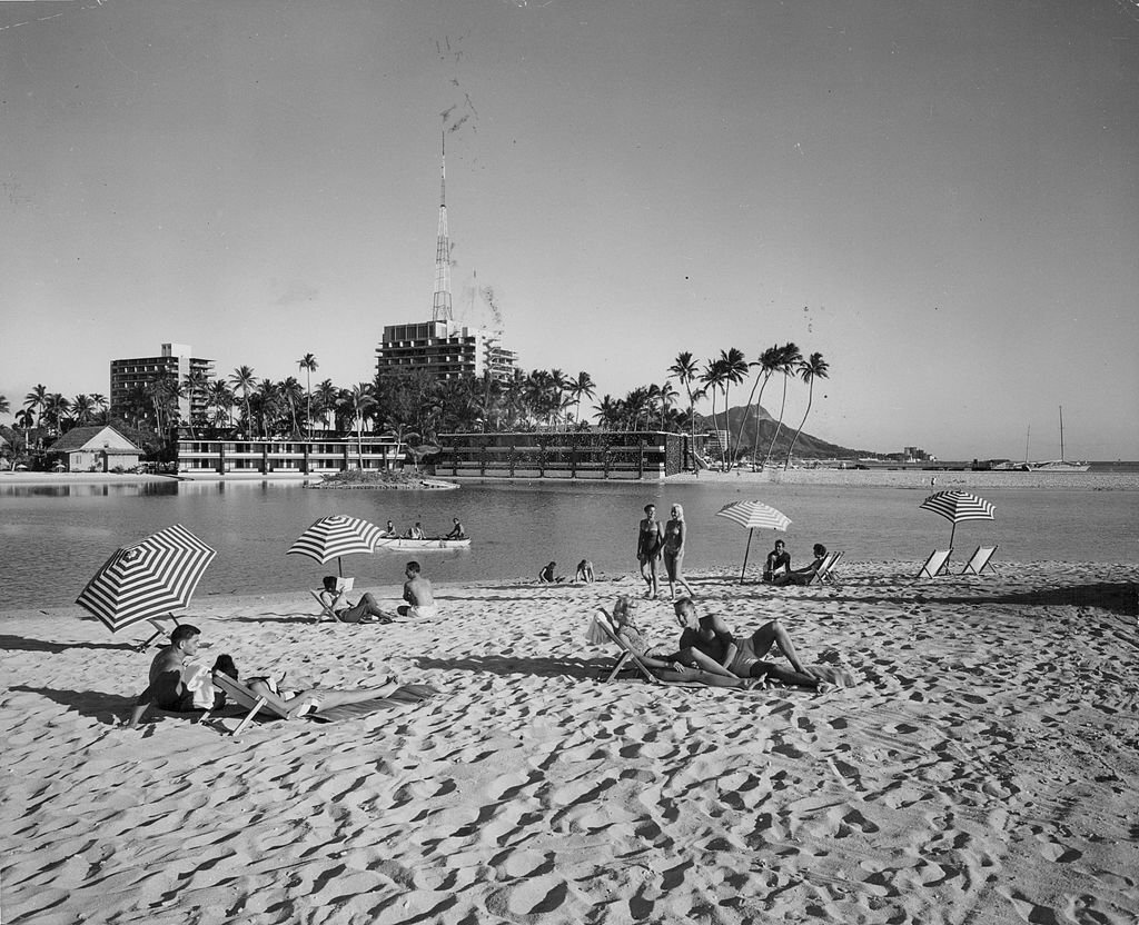 Hotels along the beach, Honolulu, Hawaii, 1950s