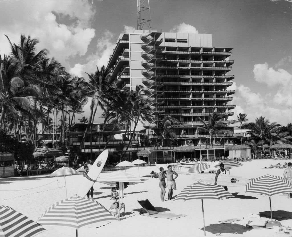 Hotels along the beach, Honolulu, Hawaii, 1950s