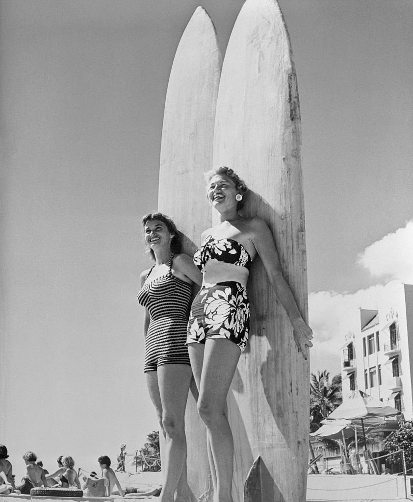 Mary Ray Fearon and Oralee Kiewit Posing with Their Surfboards, 1955