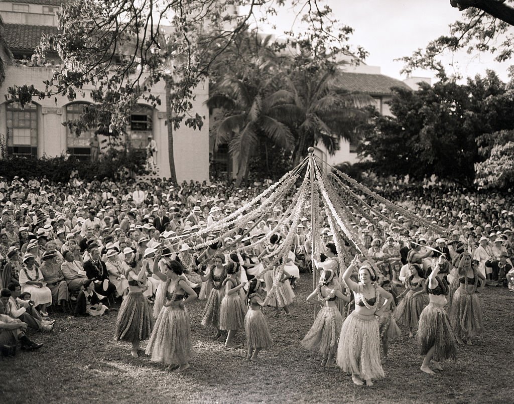 Hula Dancers Dance Around May Pole, 1950s