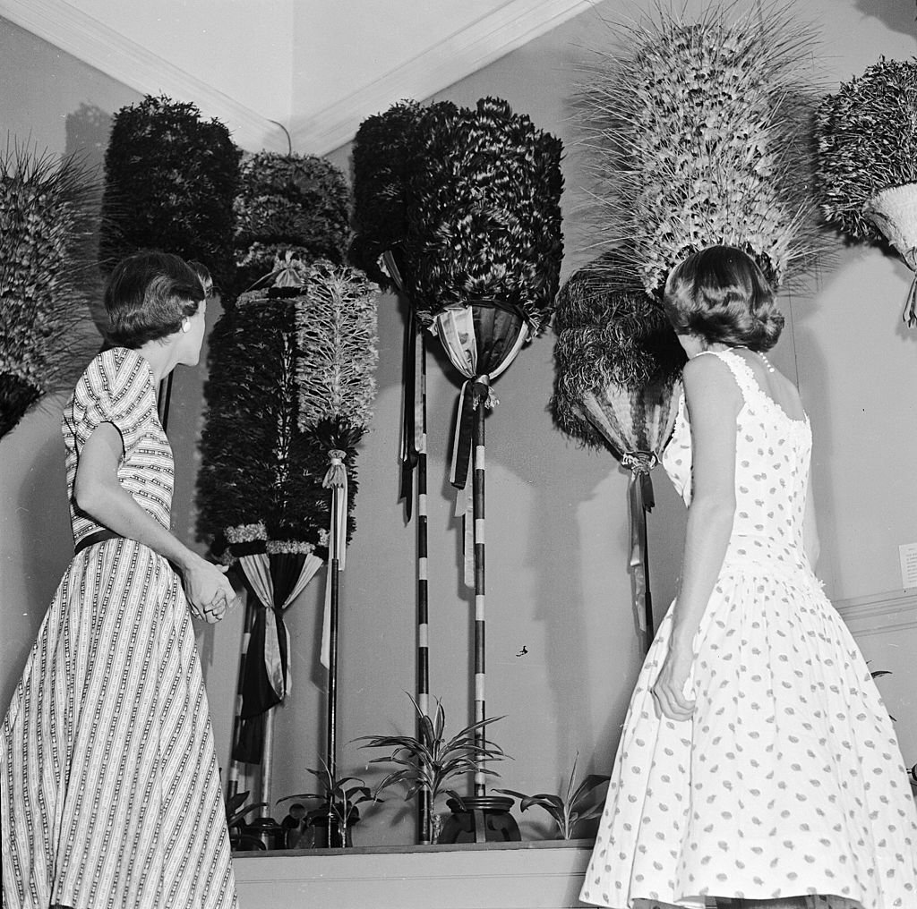 An array of feather-topped staffs on display at the Bishop Museum in Honolulu, Hawaii, 1953