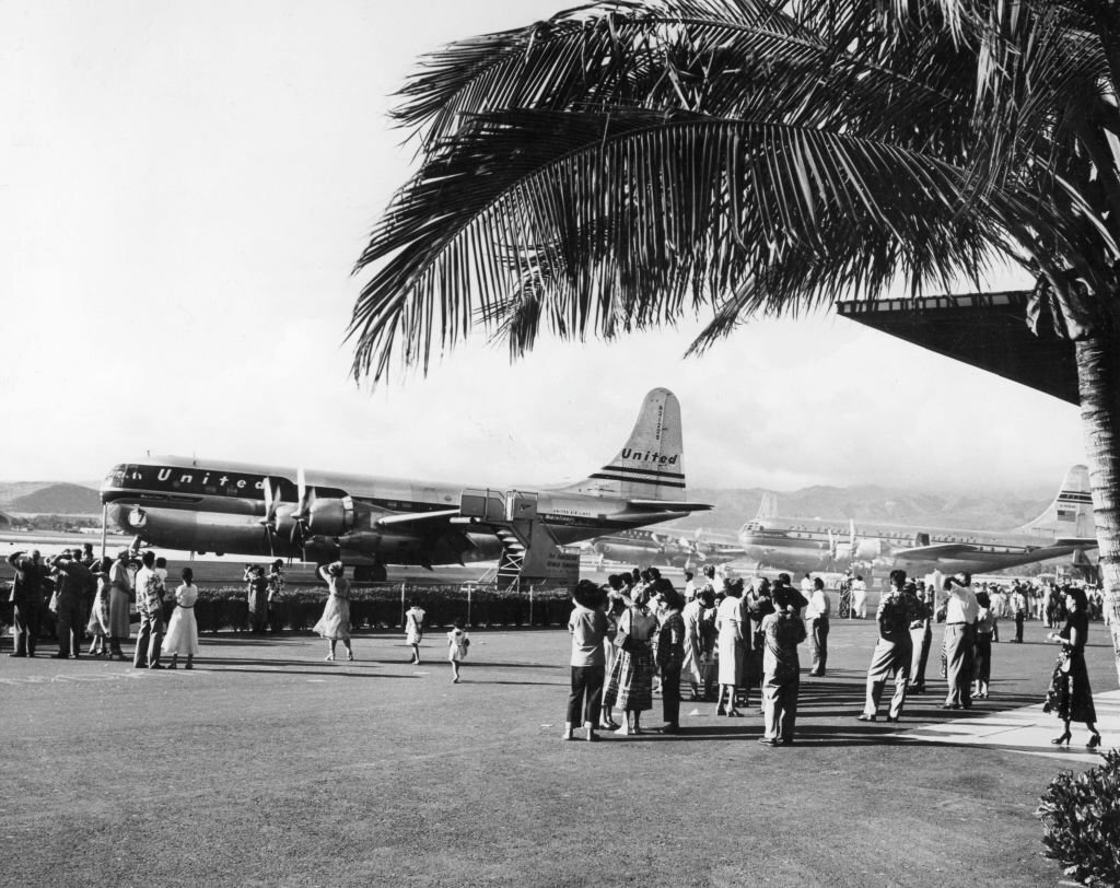 Outside Honolulu International Airport, Honolulu, Hawaii, 1951.