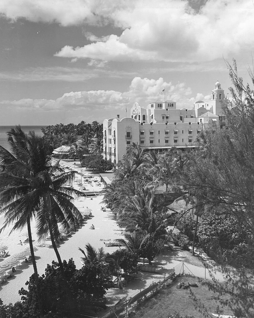 Elevated view of the Royal Hawaiian Hotel on Waikiki Beach, Honolulu, Hawaii, 1950.