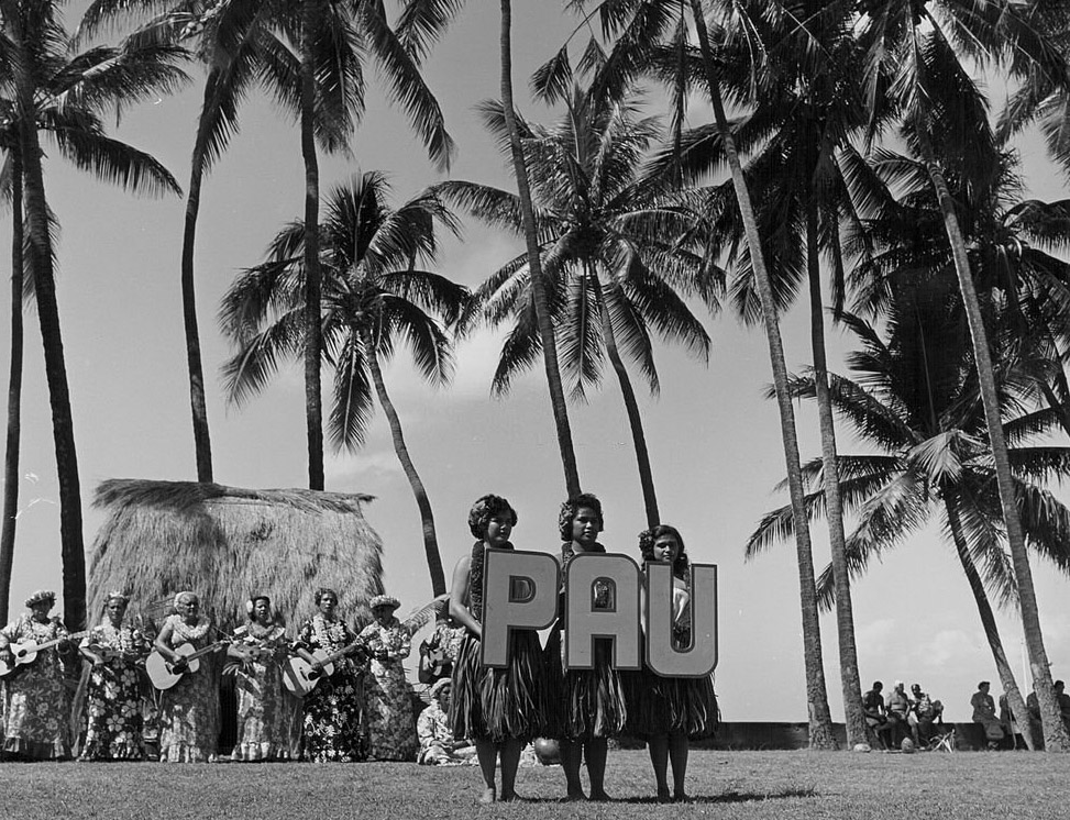 Traditional hula dancing by native Hawaiians in Honolulu, Hawaii, 1950s