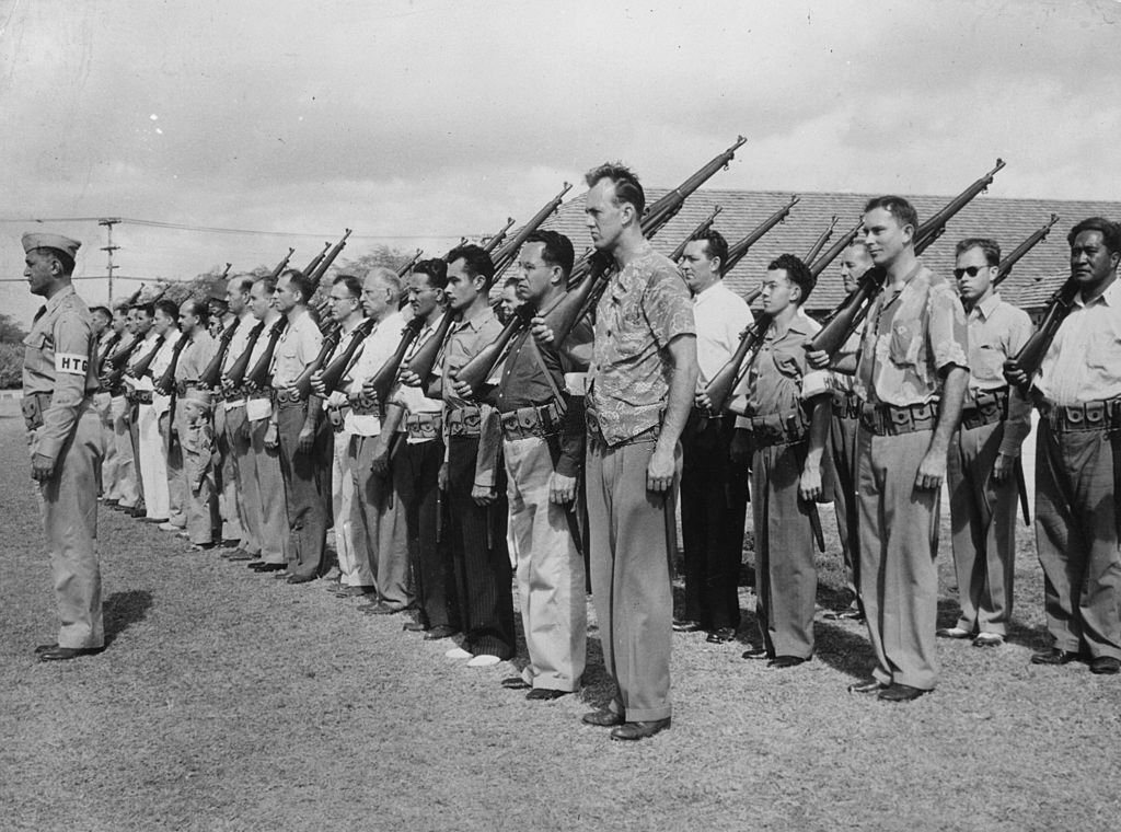 GuardsHawaiian Territorial Guards during a weapons training seminar, 1950