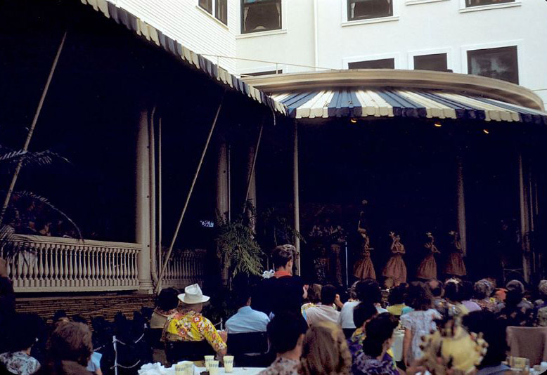 Hawaii Calls" radio show being performed on stage at the Banyan Court of the Moana Hotel, Waikiki, Honolulu, Hawaii