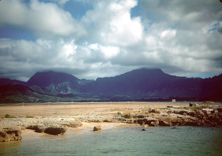 Koolau Mountains seen across Kaneohe Bay from the Kaneohe Marine Corps Air Station on Mokapu Peninsula, Oahu, Hawaii
