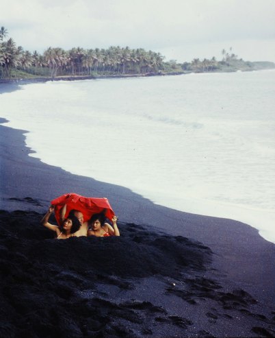 Black-sand beach, made by waves battering volcanic rock, on the Big Island, Hawaii, 1959