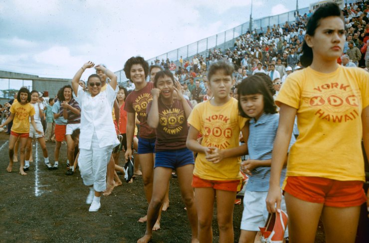 Fans at a football game, Hawaii, 1959
