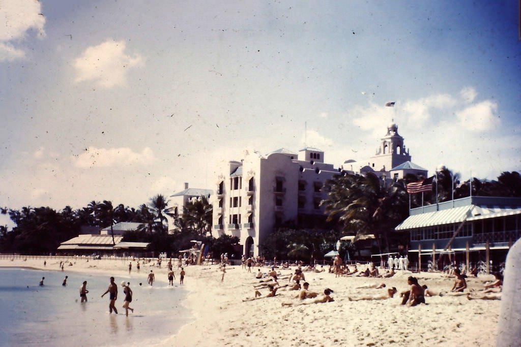 Beach in front of Royal Hawaiian Hotel at Waikiki, Hawaii, 1945